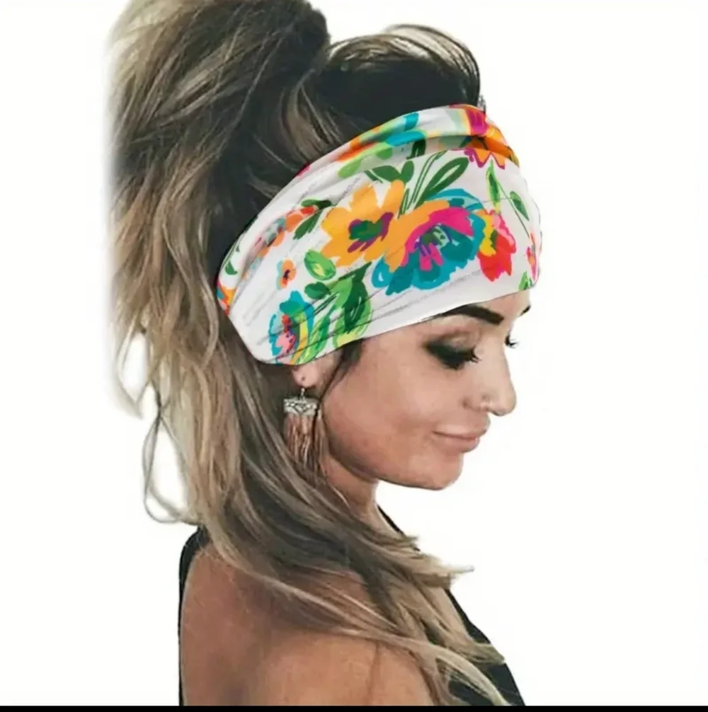 Tie Dye Flower Print Knotted Headband Wide Sports Fitness Yoga Headband, White